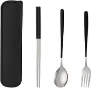 Portable Travel Utensil Set with Chopsticks Spoon Fork Camping Utensils Set with Case Reusable Cutlery Black Silverware Set for 3 Lunch Utensils Set for Work School Stainless Steel