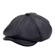Men's Newsboy Flat Cap Leather Gatsby Ivy Golf Cabbie Hat Black
