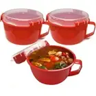 3 Ct Soup Mugs 1300ml Microwave Food Containers Lid BPA Free Noodle Cup Bowl Red