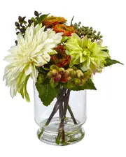 Nearly Natural Mixed Dahlia & Mum with Glass Vase