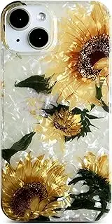 Qokey for iPhone 13 Mini Case 5.4", Cute Sparkle Shell Flower Crystal Translucent Soft Bumper TPU Silicone Phone Cover Case for iPhone 13 Mini 5.4" for Girls Women Sunflower
