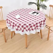 Round Vinyl Lace Tablecloth Waterproof PVC Plastic Wipeable Spillproof Peva Heavy Duty Stainproof Oilcloth Tablecloth for Card Table Red+White Plaid 70 Inch