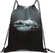 [EdWal] Great White Shark Print Drawstring Backpack Gym Bags Sports Draw String Bags For Gym Travel Swimming Beach, White, One Size