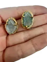 Gold Tone Natural Geode Slice & Natural Zircon Sterling Silver Post Earrings