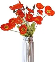 Artificial Flower, 5Pcs Artificial Poppies, Artificial Poppy Long Flower Stems Decorative Vase, Fake Poppy Artificial Decoration Home Wedding Decorations (Orange)