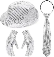 3 Pcs Disco Accessories Set, Silver Sequin Hat, Glitter Tie and Gloves for Adult Mexican Masquerade 70s 80s Party Favor Costume