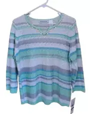 Alfred Dunner Womens Sweater Petite XL Green Striped Jewel Metallic Pullover NWT