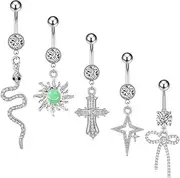 [Niaspi] 5 Pcs 14G Dangle Belly Button Rings Stainless Steel Cubic Zirconia Snake Sun Cross Star Bowknot Belly Navel Rings Belly Barbell Statement Body Piercing Jewelry, Stainless Steel, cubic zirconia