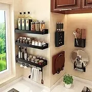 免打孔厨房置物架壁挂式黑色铝多功能刀架调料架收纳架子 Kitchen cookware set/799