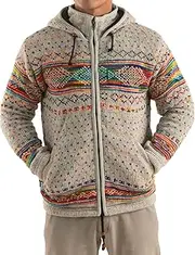 [Woolmandu] Long Sleeve Fleece Zip Up Jacket - Stand Collar Front Zipper Woolen Pullover, Rainbow Stripe Nepal Wool Sweater For Men, Grey