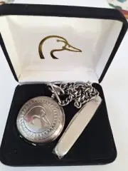 RARE DUCKS UNLIMITED QUARTZ POCKET WATCH, FOB, CHAIN, ATTACHED POCKET KNIFE