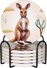FHPCE Drink Coasters with Holder Ceramics Coasters for Drinks Cartoon Kangaroo Zoo Coaster Set of 6 Round Cup Mat Pad for Home Tabletop Protection Mat for Home Decor 4 Inch