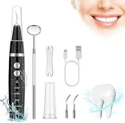 Ultrasonic Tooth Cleaner - Plaque Remover for Teeth Remove Teeth Stain tarter Plaque Calculus - with Led 3 Adjustable Modes 2 Replaceable Clean Heads (Black-1)