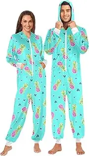[ZZXXB] Pineapple and Love Heart Onesie Pajamas for Adult Women Men Long Sleeves One Piece Onesies Hooded Sleepwear S - XL
