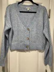 NWT Derek Heart Size M Oversized Cropped V Neck Pointelle Cardigan Light Blue