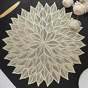 Mabbcoo Placemats Set of 6, Round Hollow Out Flowers Place Mats for Dining Table Pressed Vinyl Blooming Leaf Table Mats for Holiday Party Wedding Accent Centerpiece Dinner Table Decoration (Gold)