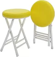 2Pcs Round Folding Stool Simple Faux Leather Chairs Easy Storage Guest Seating Metal Frame Garden Stools,Yellow