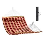 Double Quilted Fabric Hammock with Hardwood Bar and Pillow, 2-Person, Outdoor Relaxation