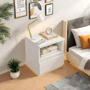 Bedside Table Bedroom Warm White Minimalist Design with Open Shelf and Drawer