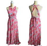 Abel the Label Anthropologie Rumi Maxi Dress NWT Blue Pink Sexy Back sz M