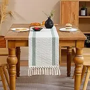 Tosleo Boho Table Runner 12×120 Inches Long with Tassels Sage Green Double Striped Farmhouse Rustic Table Runner for Dining Wedding Party Spring Dec（One Piece）
