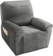MAXIJIN Oversized Recliner Chair Covers Velvet Plush 4 Piece Stretch Recliners Covers for Large Recliner Slipcovers Soft Washable Reclining Protector with Side Pocket (XL Recliner, Grey)