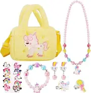 VGMANNTA Unicorn Gifts for Girls Unicorn Toy Gift Girls 5 Years Birthday Gift Handbag Girls Unicorn Children's Jewellery Set Girls Children's Jewellery Princess Toy Yellow, M, Polyester