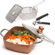 5 Pcs Copper Chef Cookware Set, 9.5” Non Stick Deep Frying Pan, Fry Basket, Stea