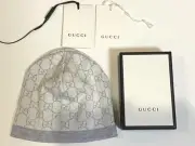 GUCCI Beanie Infant GG Pattern 100% Wool White Light Grey GG Trim M 48 15cm/ 6"