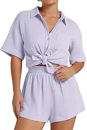 [Flygo] Womens Casual 2 Piece Outfits Cotton Linen Sets Button Down Shirt Shorts Resort Wear 2025 Pajama Beach Coverup Set(LightPurple-Small)