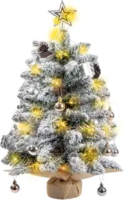 60CM Snowy Mini Christmas Tree, Artificial Tabletop Flocked Christmas Tree with 30 LED Lights, Xmas Decorations