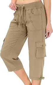 [Generic] Ladies Linen Trousers Womens Cropped Petite Work Cargo Lightweight Walking Black Women Elasticated Waist Short Flared 70S Leggings with Lace Trim Plus Yoga Pants Leg 3/4 Length Pocket