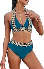 [Jolefille] 2 Piece High Waisted Bikini Sets for Women Sexy Halter V Neck Swimsuits Full Coverage Bathing Suits Tummy Control