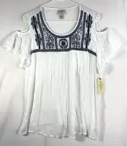 St. John's Bay Women Off Cold Shoulder White Navy Embroidered PXL Top Rayon NEW