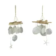 Set of 2 Driftwood White Capiz Shell & Starfish Coastal Wind Chimes Home Decor
