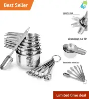 Elegant Silver Measuring Cups & Spoons Set - 18/8 Heavy Duty Kitchen Essentials