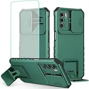 [Tothedu] Case for Oppo A16 Case, Oppo A16S 4G Case with Tempered Glass Screen Protector and Slide Camera Cover, Heavy Duty Kickstand Slim Protective Phone Cover for Oppo A16 Dark Green