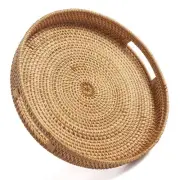 Round Rattan Serving Tray Decorative Woven Ottoman Trays with Handles for Cof...