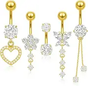 [Stiedey] 5pcs Belly Button Bars Stainless Steel Dangly Belly Button Belly Button Piercing Rings Butterfly Heart Flower Tassel Navel Bars Rings Button Piercing Jewellery for Womens Girls