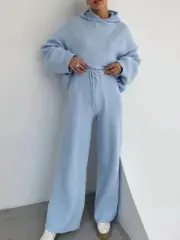 Women Ribbed Two Piece Set Hoodie-Pants Small Blue Baby Sweatpants-Pullover