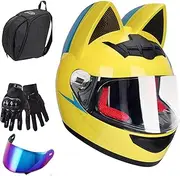 Cat Ear Motorcycle Helmet, ECE Certification Full Face Motorbike Helmet, Cool Cute Cat Helmets with HD Visor and Removable Washable Liner, for Men and Women