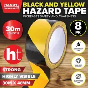 Handy Hardware [8PK] Hazard Tape, Black & Yellow, High Visibility, 30m x 48mm