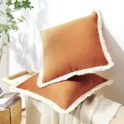New West Elm Set 2 Orange Velvet Boho Fringe Throw Pillow Case Cover Sham 18x18