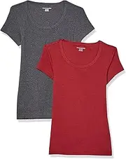 [Amazon Essentials] Women's Slim-Fit Cap-Sleeve Scoop Neck T-Shirt, Pack of 2, Charcoal Heather/Burgundy, X-Small