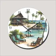 Hawaii Sandy Beaches Palm Trees Cabin Art Wall Hanging Wall Clock Time Piece
