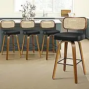 ALFORDSON Bar Stools Set of 4, Vintage Kitchen Dining Chair with 34cm Rattan Backrest and 68cm Leather Seat, Counter Barstools with Footrest for Home Bar Dining Room, Oscar Wooden Black