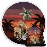 Palm Trees Sunset and Cheetahs Round Beach Towel