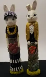 Whimsical Mr+Mrs Bunny Rabbit Figurines 12" Spring Handpainted Mackenzie Style