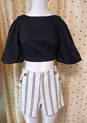 Forever 21 Black Crop Top Balloon Sleeves Shirred Back Women’s Sz. XS NWT