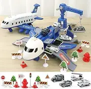 linzezon Mega Plane Toy, Kids Airplane Toys Race Track Toy, Storage Transport Plane, Toy Airplane for Boys, Transportation Airplane Car Toy Set with Music and Light, Toddlers Educational Toy (Blue)